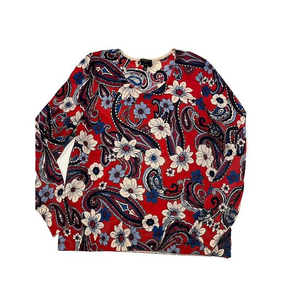 Talbots Petite XL Pure Merino Wool Floral Red Blue Cream Sweater - Picture 1 of 6